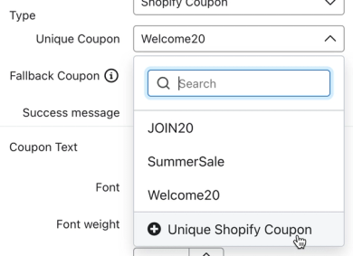 The Coupon menu opened in the sign-up form editor showing a unique coupon type selected