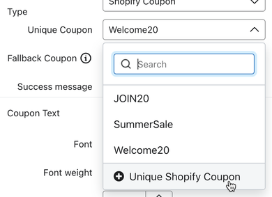 The Coupon menu opened in the sign-up form editor showing a unique coupon type selected