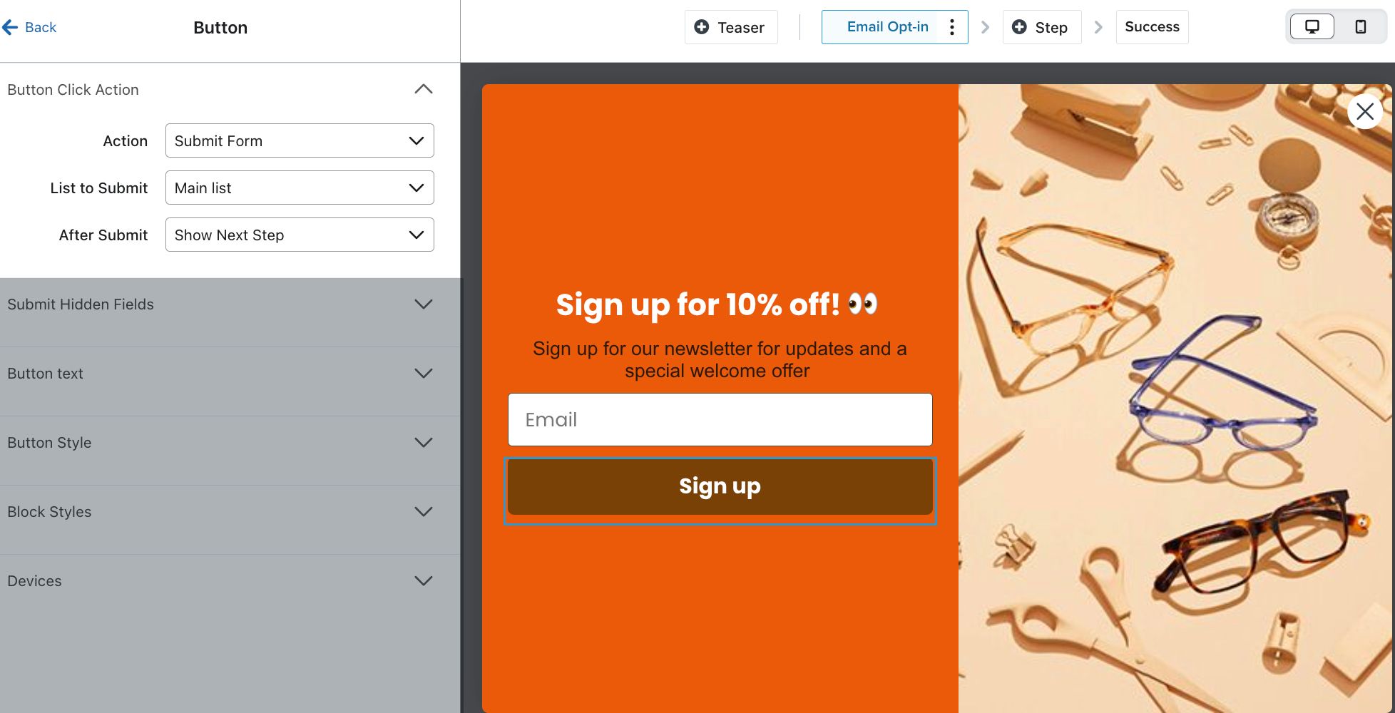 An example full page form being created in the form editor showing the Button menu open and the Action set to Submit Form, the List to Submit set to Main list, and After Submit set to Show Next Step.