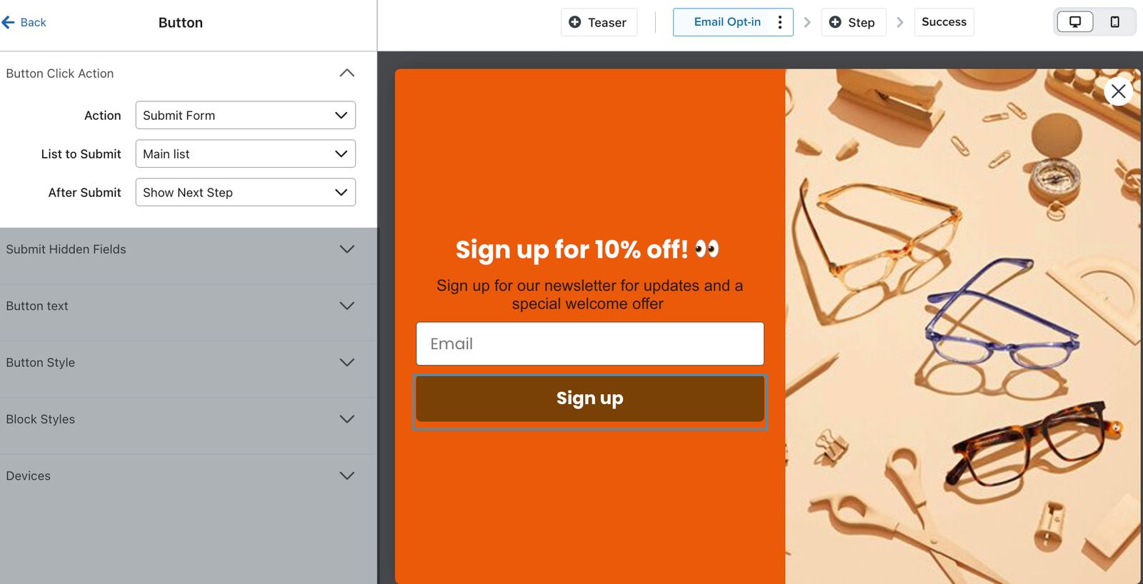An example full page form being created in the form editor showing the Button menu open and the Action set to Submit Form, the List to Submit set to Main list, and After Submit set to Show Next Step.
