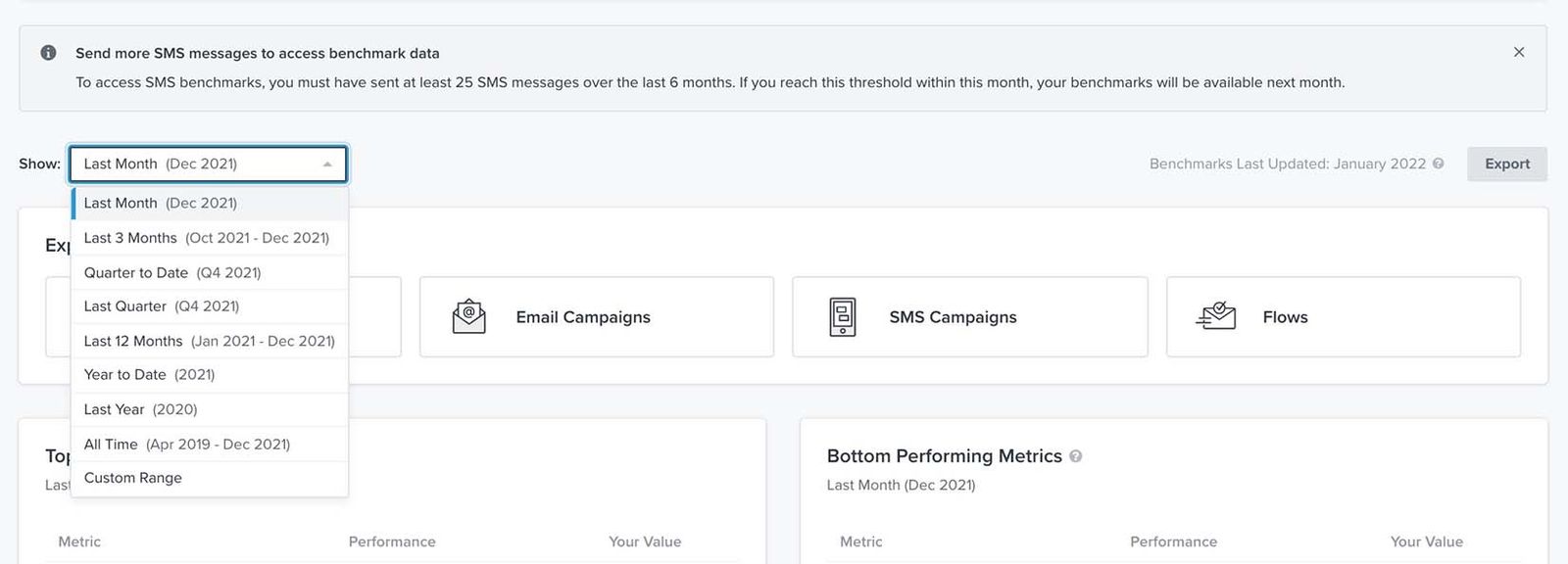 On the benchmarks page with the dropdown next to 'show' open and Last month chosen as timeframe