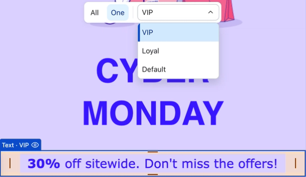 The canvas view switcher set to One with the Variant to show dropdown open, above a block labeled Text · VIP.