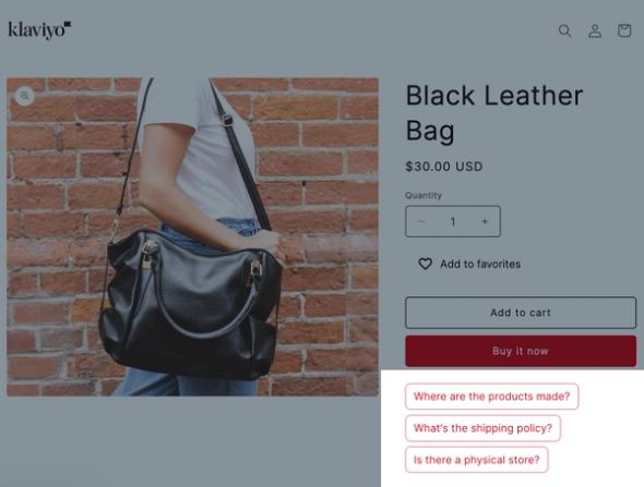 Three example FAQs showing beneath a product on a product details page.