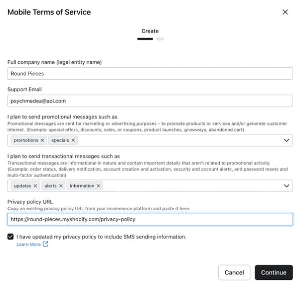 Mobile Terms of Service creation form with fields for company name, support email, message types, and privacy policy URL.