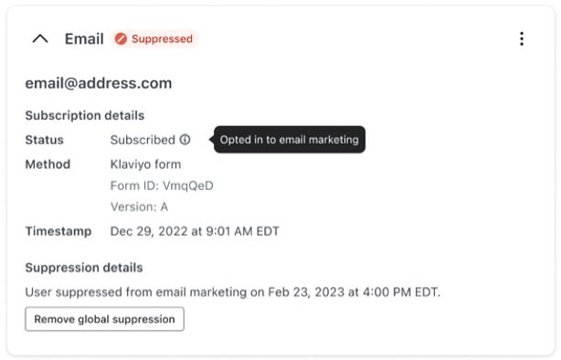 Consent channel expanded to show suppression reason