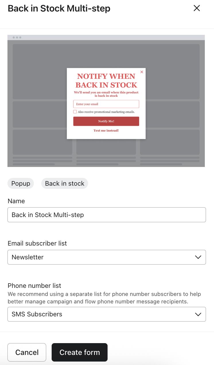 Back in Stock Multi-step popup form setup screen with options for email and SMS subscriber lists.