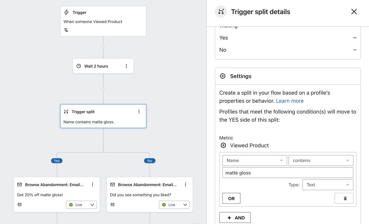 Trigger split with configuration 'Name contains matte gloss'