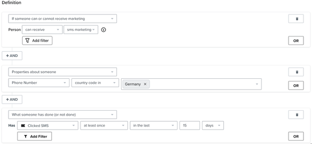 Simple segment example of engaged German SMS subscribers