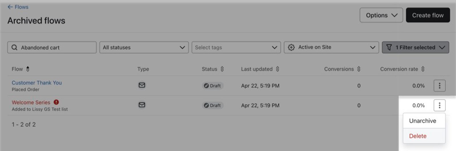 Action button clicked next to the name of a flow in the Archived tab with the Delete option selected.