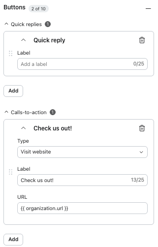 User interface to configure quick reply and call-to-action buttons, showing a "Check us out!" website link button.