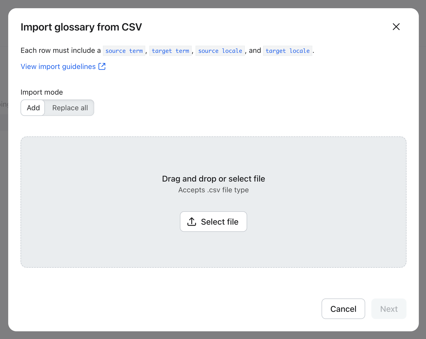 Glossary import modal