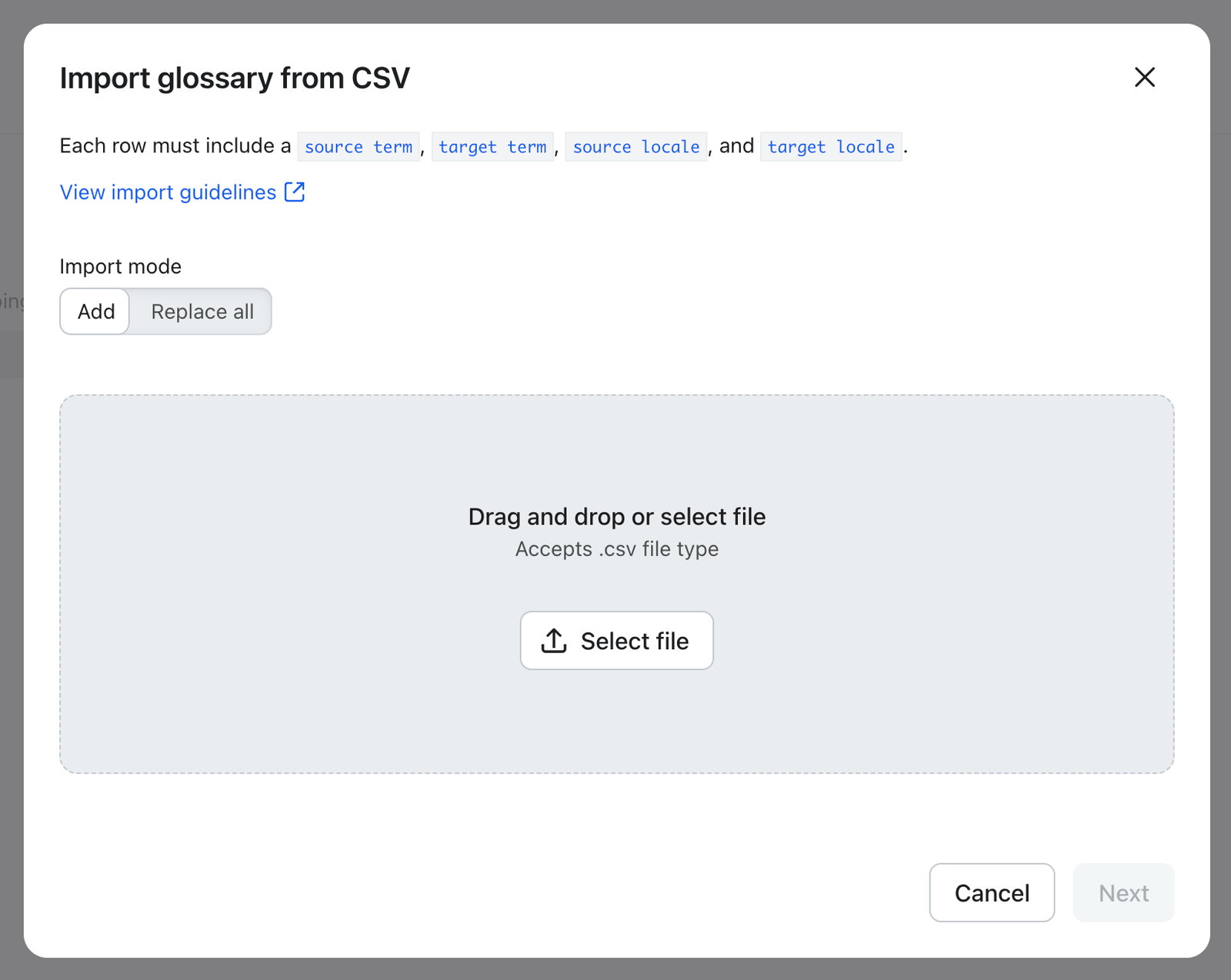 Glossary import modal