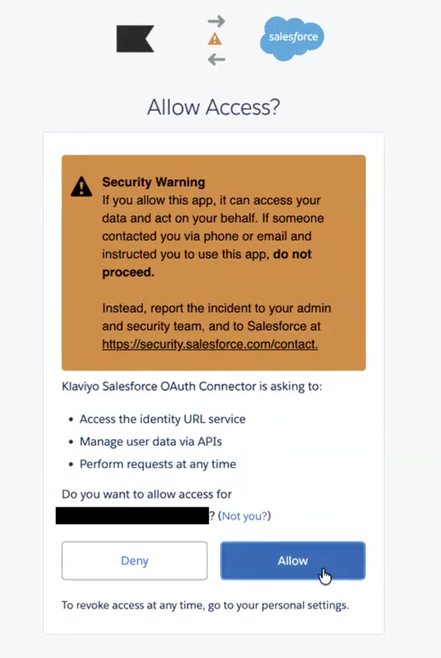 Salesforce 'Allow Access?' screen displaying a security warning about the Klaviyo Salesforce OAuth Connector requesting data access, with the 'Allow' button highlighted.