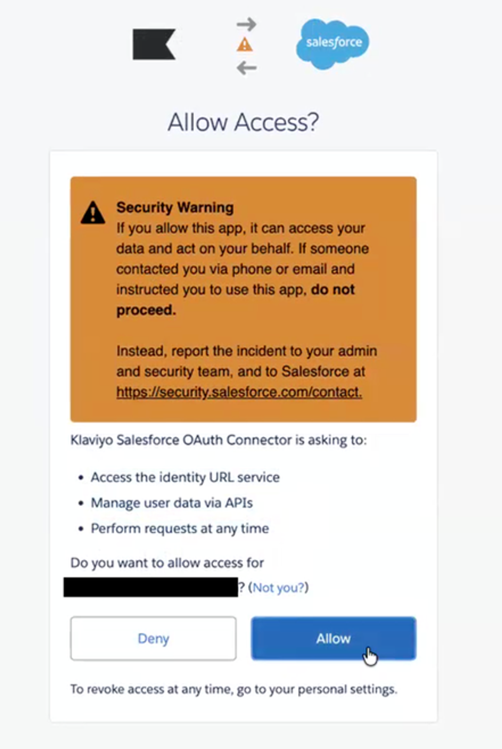 Der Salesforce-Bildschirm „Zugriff zulassen?“ zeigt eine Sicherheitswarnung über den Klaviyo Salesforce OAuth Connector an, der den Datenzugriff anfordert, wobei die Schaltfläche „Zulassen“ hervorgehoben ist.