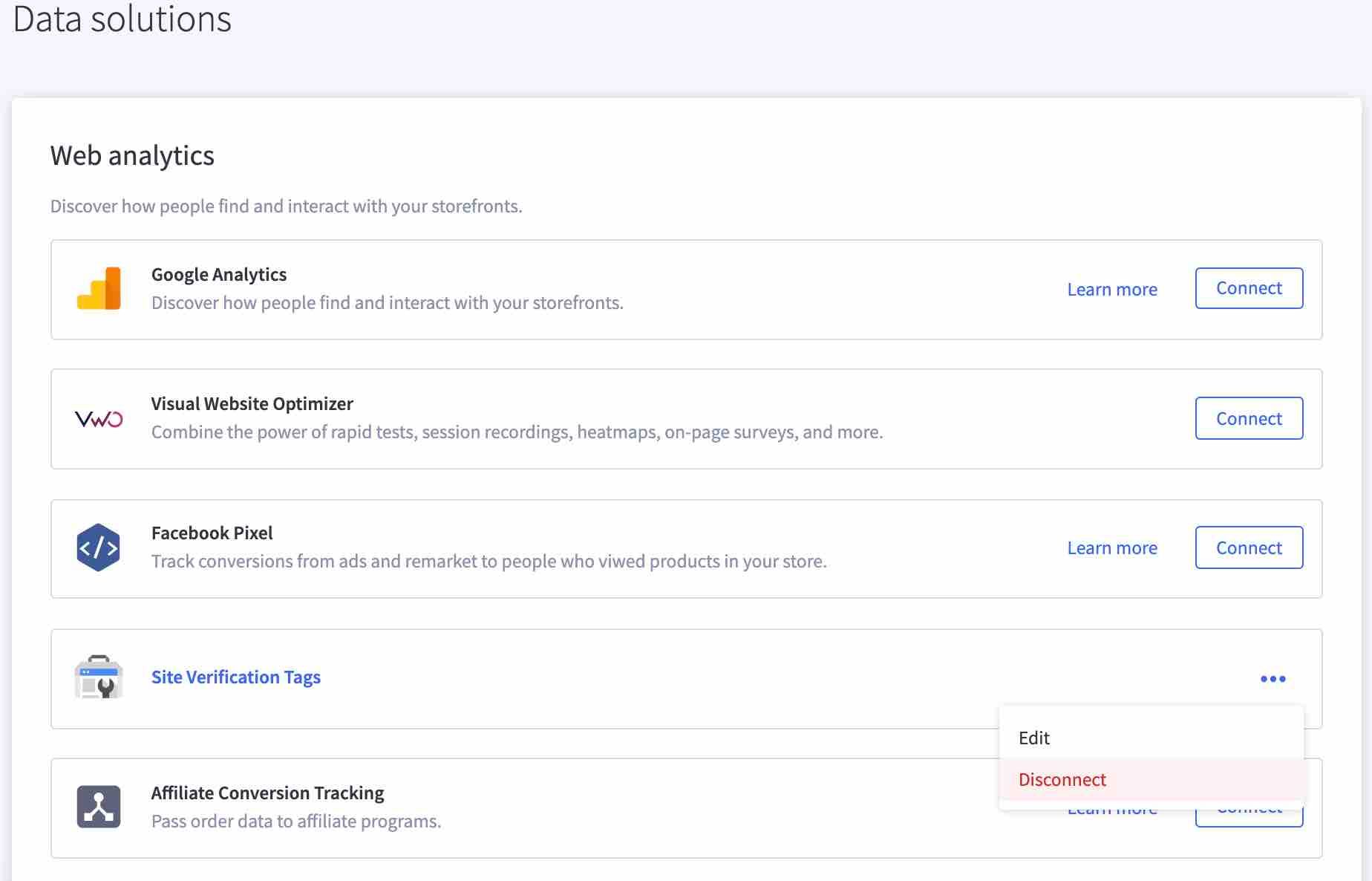 Data solutions page in BigCommerce