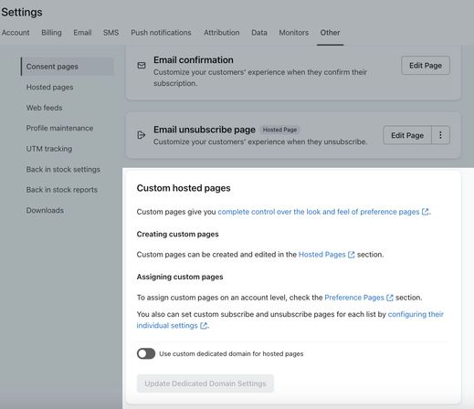 The Custom Hosted Pages section on the Consent Pages tab in Klaviyo showing the switch to enable hosted pages.