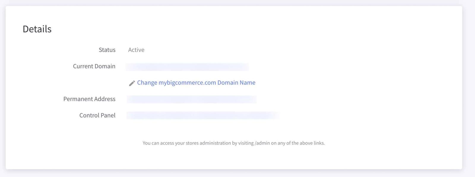 BigCommerce store details page showing permanent address field with blurred address