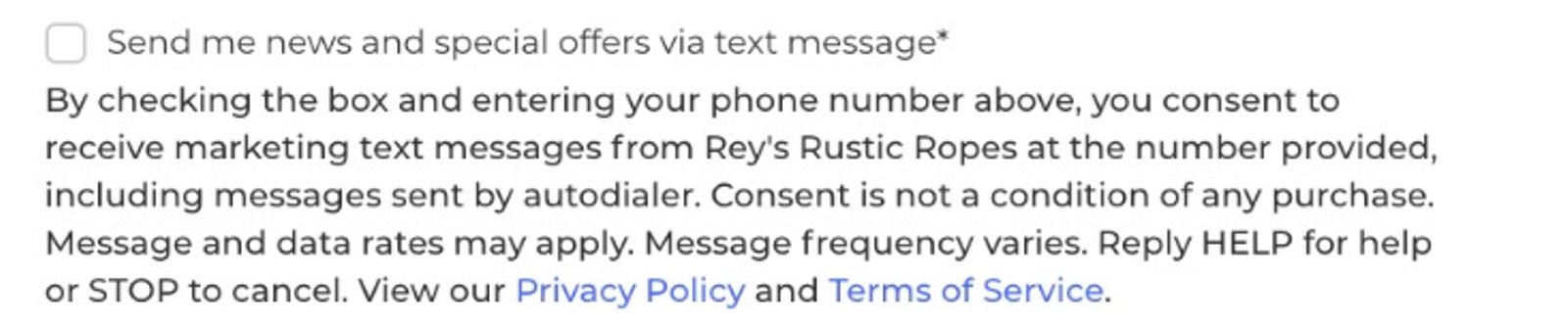 Example of checkbox to subscribe to SMS marketing with disclosure language