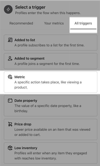 List of flow triggers with the Metric option highlighted