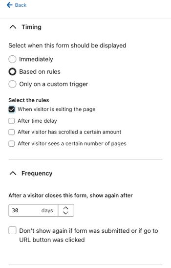 The Display menu within the Targeting and behavior tab of the form builder showing an example form set to display when a visitor exits the page and set to show again after 30 days.