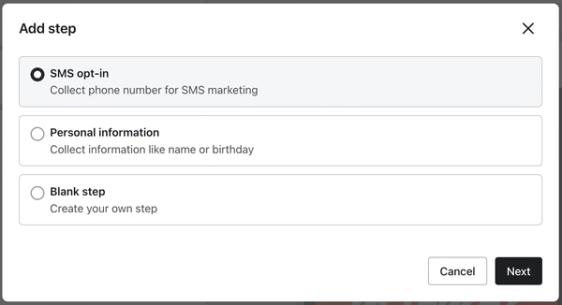The Add Step modal showing the SMS Opt-in option selected.