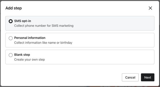 The Add Step modal showing the SMS Opt-in option selected.