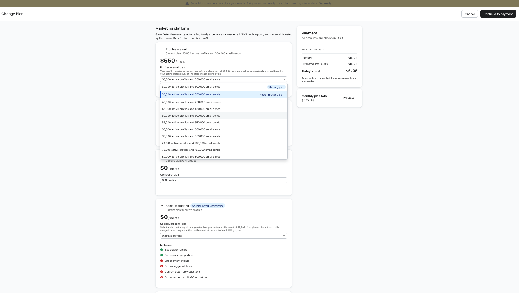 A webpage displaying marketing platform plan options, with the "40,000 active profiles and 300,000 email sends" recommended plan highlighted, and a payment summary showing $0.00 as the total.