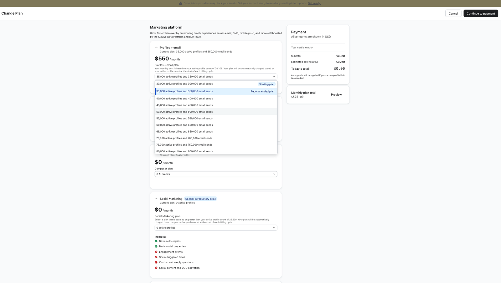 A webpage displaying marketing platform plan options, with the "40,000 active profiles and 300,000 email sends" recommended plan highlighted, and a payment summary showing $0.00 as the total.