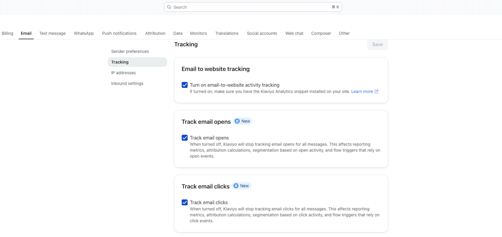 Klaviyo email tracking settings showing the Track email opens and Track email clicks options, both enabled.
