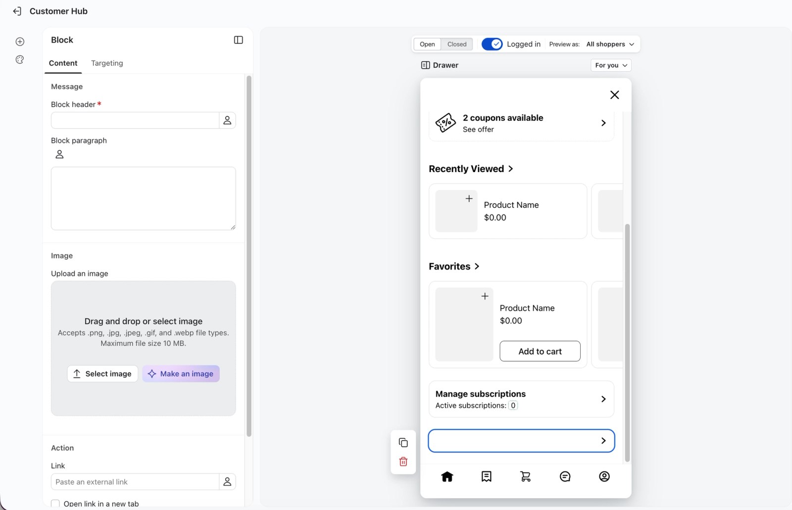A web application screenshot showing a content editing form on the left and a mobile preview of a customer drawer on the right.