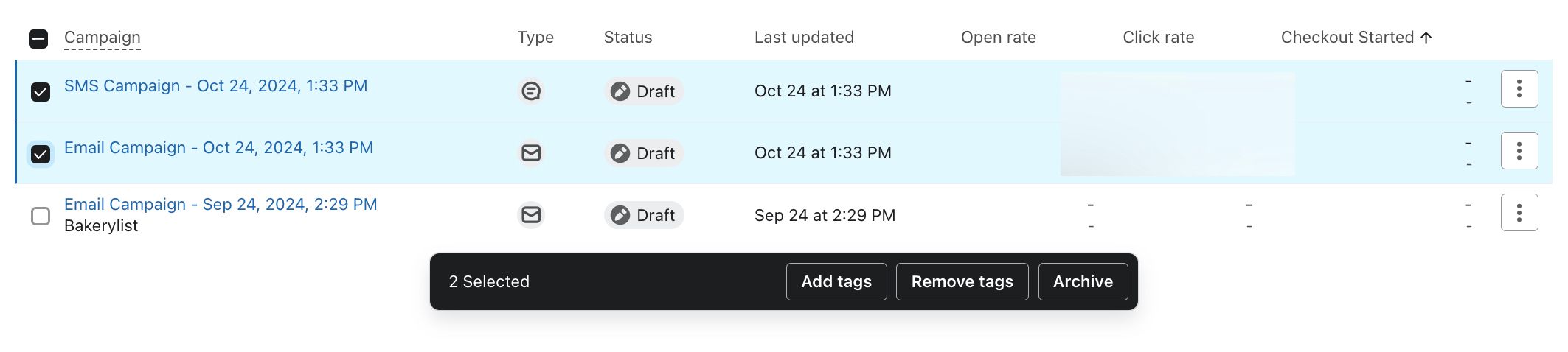 Two existing campaigns selected on the campaigns page in Klaviyo and the banner showing the button to Add tags.