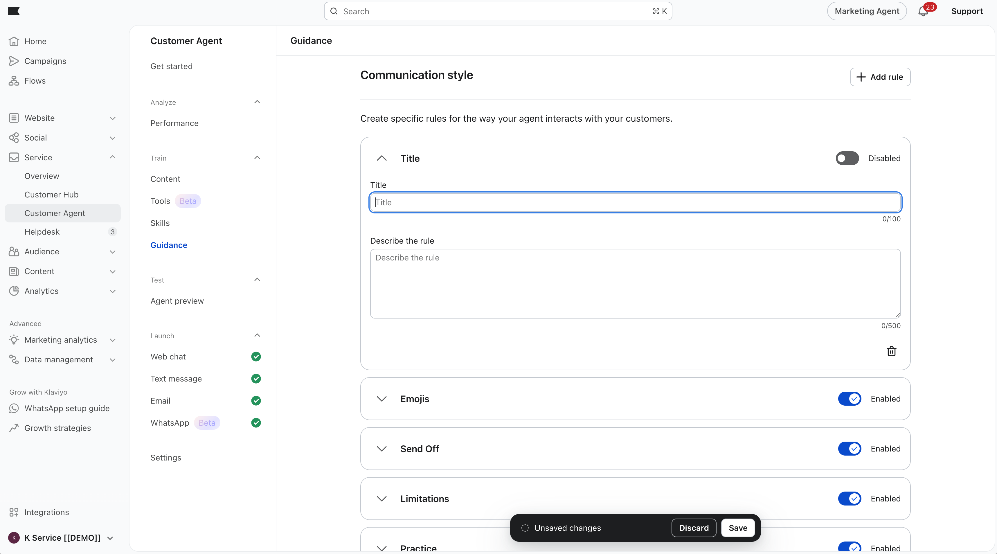 Screenshot: Service > Customer Agent > Guidance — Communication style section with rule list and add modal