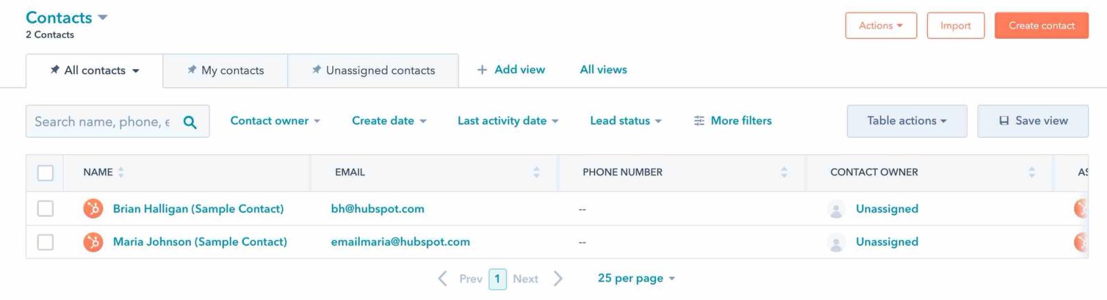 Contacts page in Hubspot on All Contacts tab