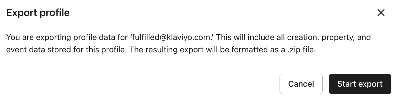 A Klaviyo modal prompting you to confirm the export of your profile
