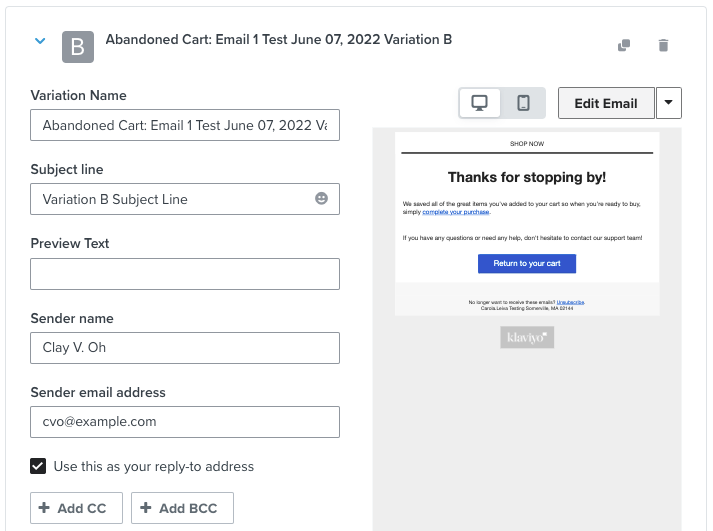 When viewing the configuration options for a specific variation, there is an 'Edit Email' button in the top right.
