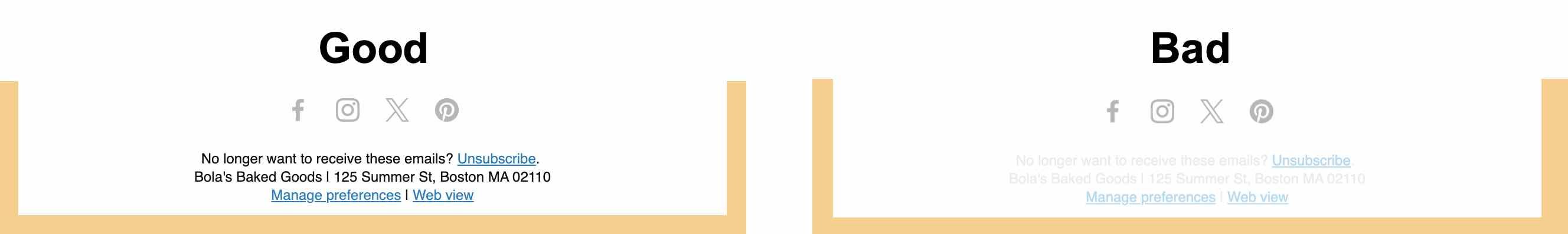 Examples of email footers with good and bad accessibility in terms of color choice