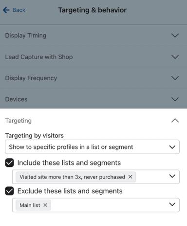 The Targeting by visitor for an example form set to include those in the tiered discount list, and exclude the main list.