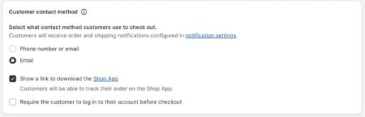 Shopify checkout settings when Email is selected for customer contact method