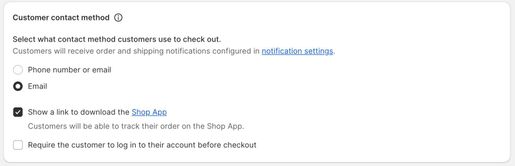 Shopify checkout settings when Email is selected for customer contact method