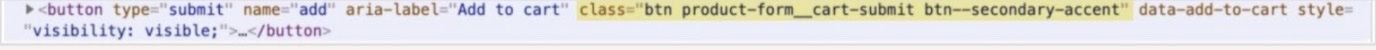 Add to cart button code in Chrome console with button class, btn product-form_cart-submit btn--secondary-accent, higlighted in yellow
