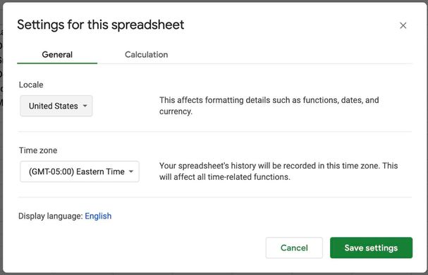 Google Sheets' setting modal