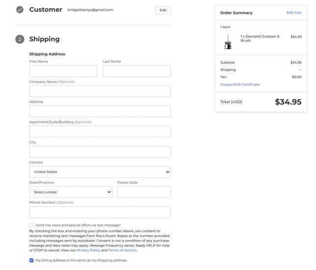 Example of a BigCommerce checkout page that can collect SMS consent
