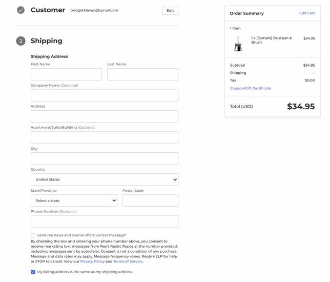 Example of a BigCommerce checkout page that can collect SMS consent