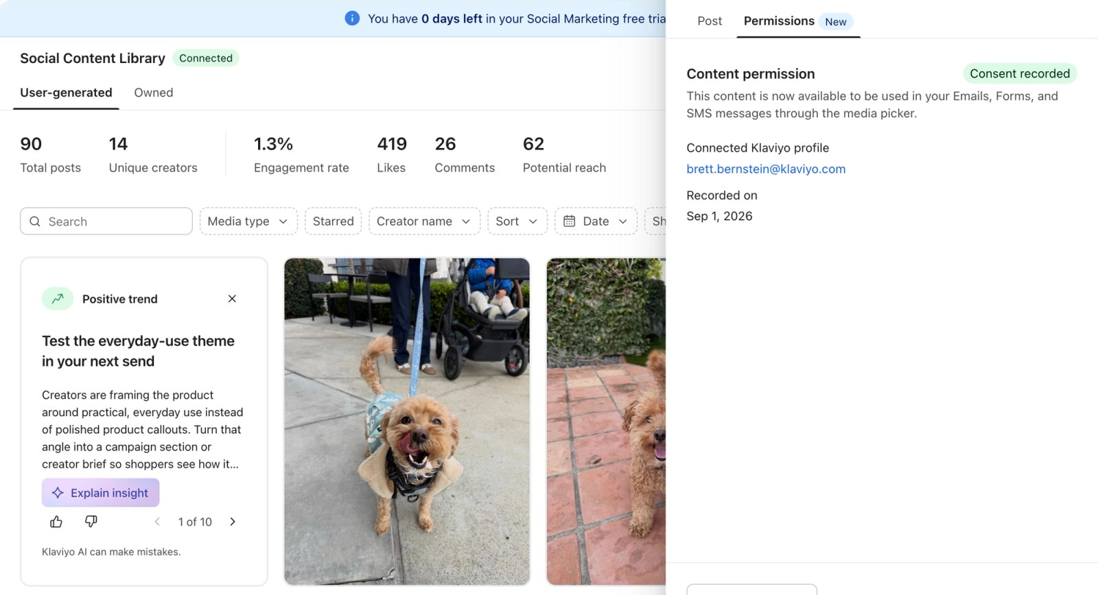 A social content library dashboard showing user-generated posts, with a permissions panel indicating "Consent recorded" for content usage.
