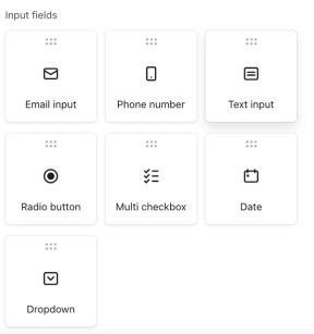 The input fields options that can be added into a sign-up form from the Add Blocks tab of the form editor.