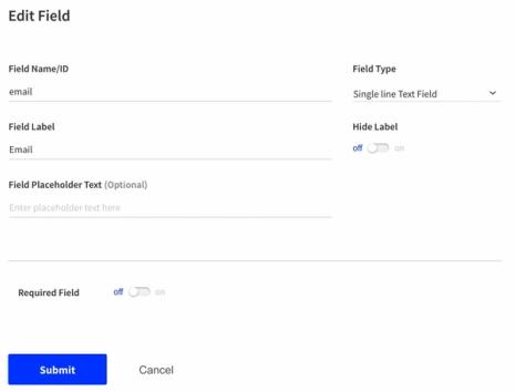 Edit Field menu with Field Name/ID set to email