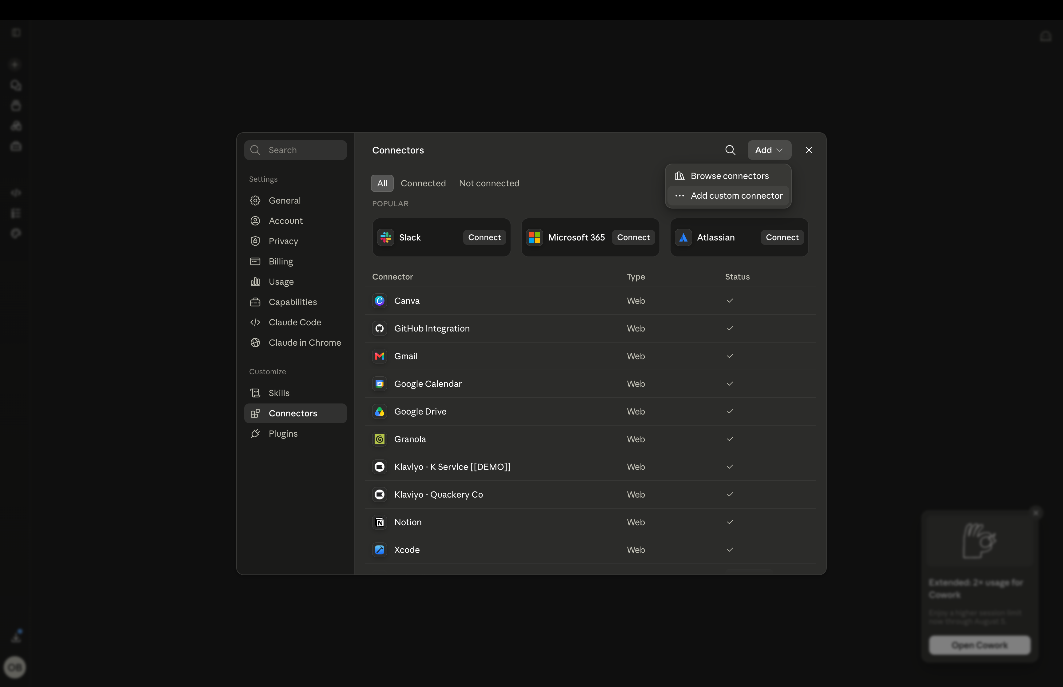 Dark-themed UI displaying a 'Connectors' settings page with a list of software integrations like Slack, Microsoft 365, and Gmail.