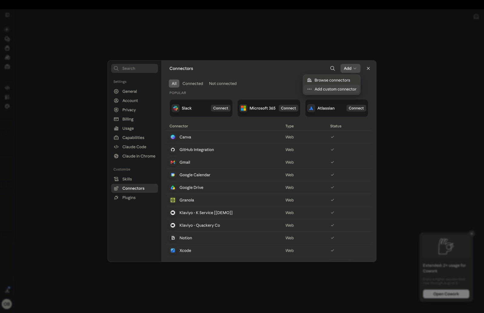 Dark-themed UI displaying a 'Connectors' settings page with a list of software integrations like Slack, Microsoft 365, and Gmail.