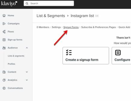 A particular list’s page in the list and segments tab with an arrow pointing to the signup forms heading in the menu bar.