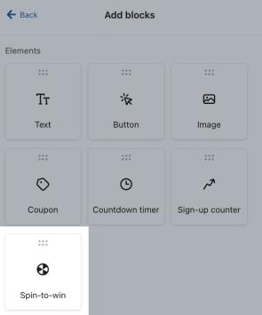 The Add blocks tab open in the Klaviyo form editor showing the Spin-to-win block highlighted.